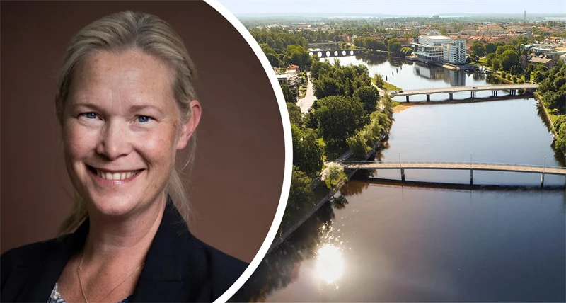 Delad bild med en kvinna till vänster i bilden och en flygbild över Karlstad till höger.