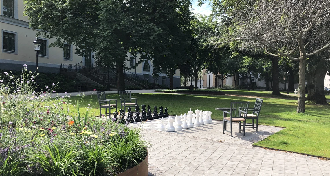 Stora schackpjäser uppställda i en park