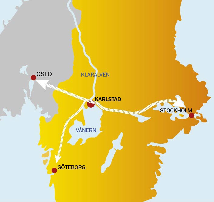 Kartbild över mellersta Sverige och Norge med pilar från Karlstad till Göteborg, Oslo och Stockholm.