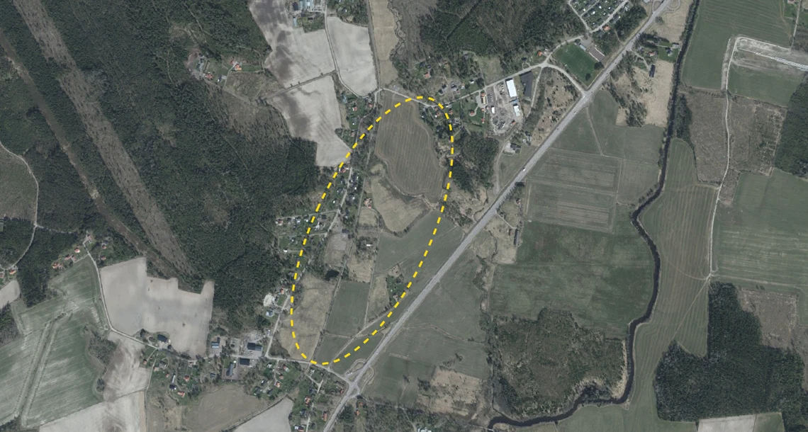 Flygfoto över ungefärligt planområde Vallargärdet bostäder
