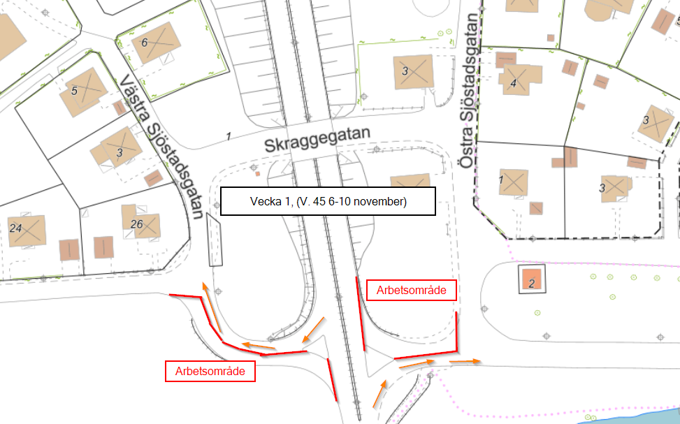 Karta arbetsområde VA-arbete Sjöstad