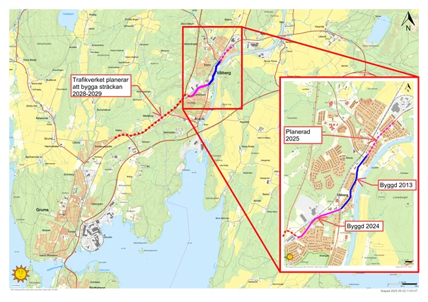 Karta som visar planerade och byggda gång- och cykelvägar Långgatan, Vålberg