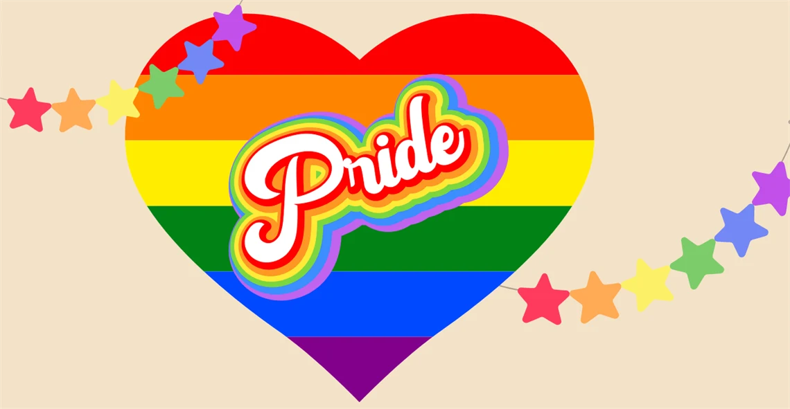 Regnbågsfärgat hjärta med text Pride