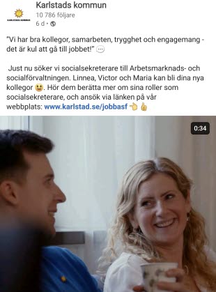 Skärmdump från Karlstads kommuns Linkedin-flöde: Anställda på Karlstads kommun berättar om sina yrken