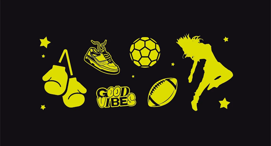 Illustration Nattidrott boxningshandskar, fotboll, dans med mera