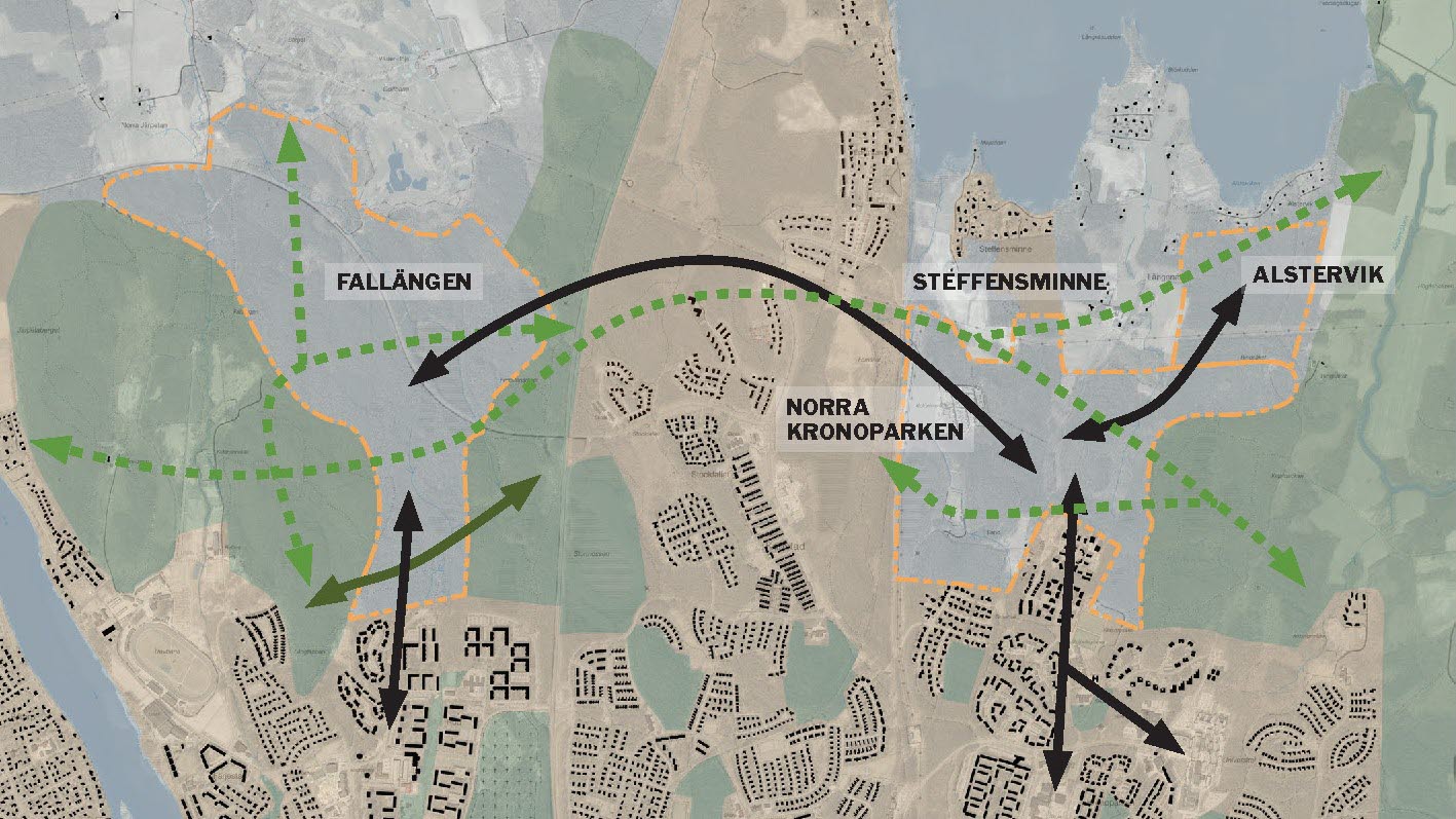 Karta över Norra Kronoparken, Steffwens minne och Fallängen. 