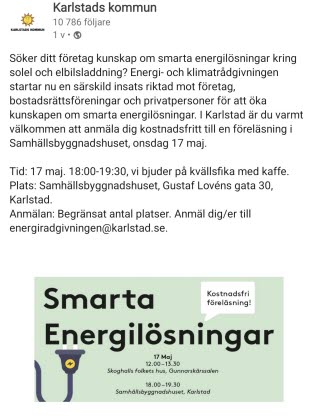 Skärmdump från Karlstads kommuns Linkedin-flöde: Kostnadsfri föreläsning om smarta energilösningar hos Karlstads kommun
