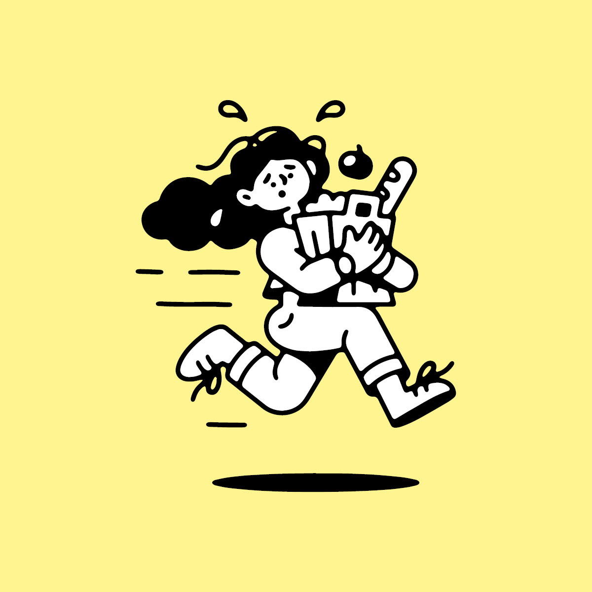 Illustration stressad kvinna som springer med en matkasse i famnen