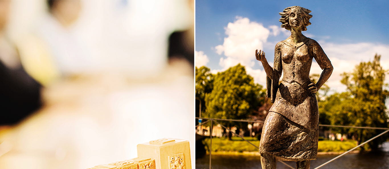 En bild på Sola statyn i Karlstad och en bild på en ordförandeklubba