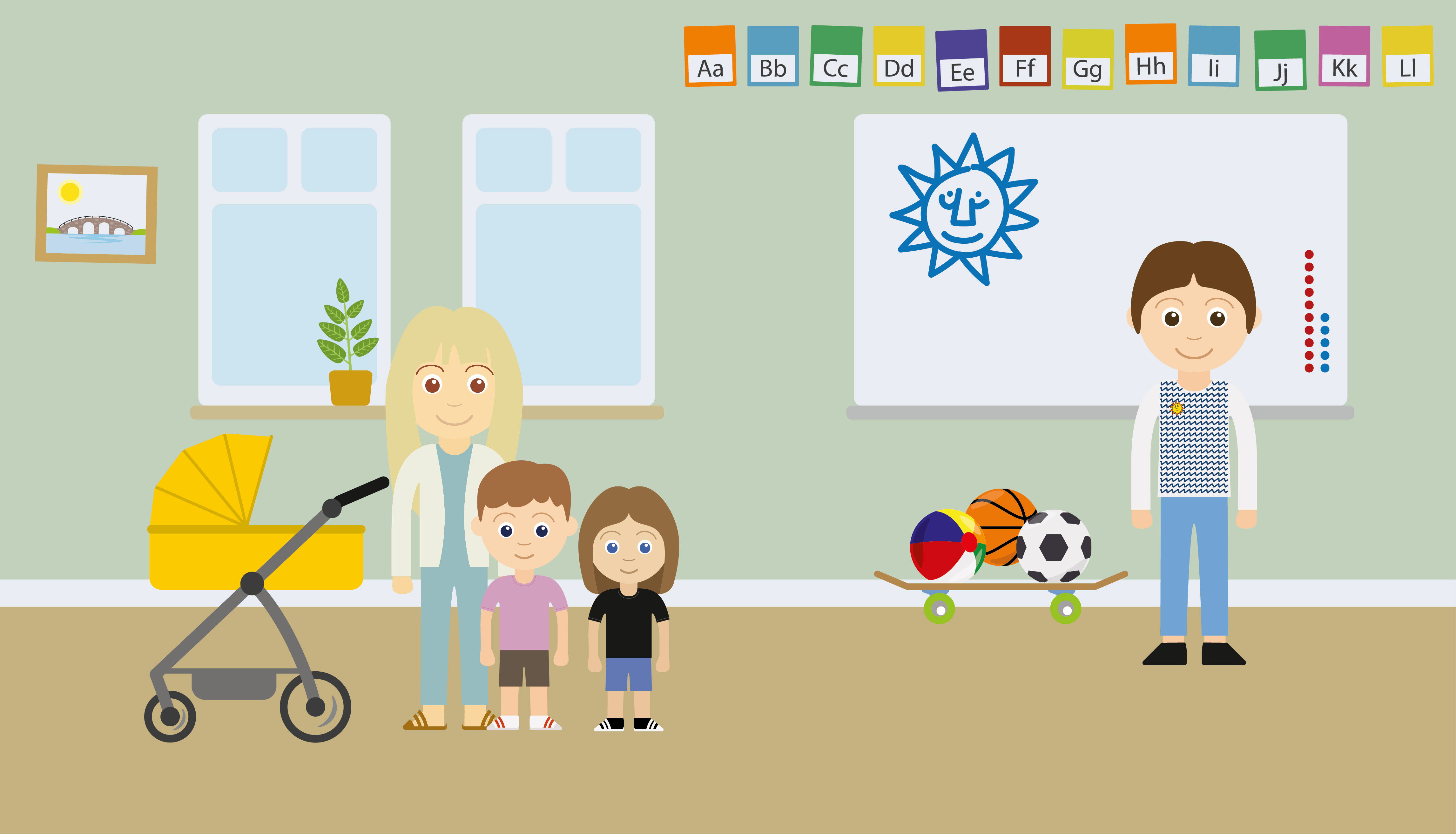 Illustrerad bild. Mamma med sina två barn och barnvagn samt lärare vistas tillsammans i klassrumsmiljö