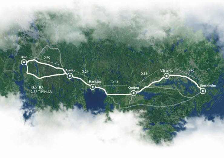 Karta järnvägssträcka Oslo-Stockholm