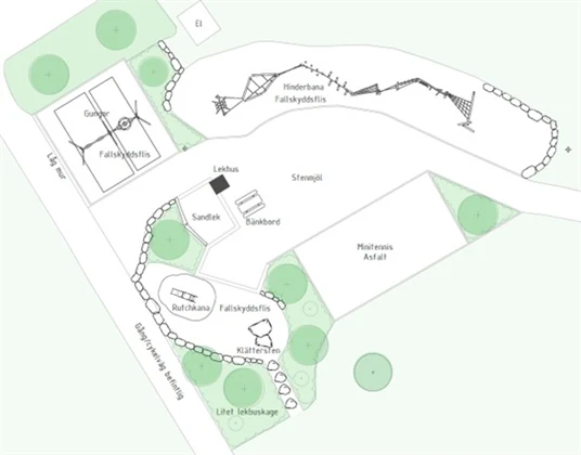 Skiss över Lärkängens nya lekplats. Den visar bland annat gungor, hinderbana, sandlek rutschkana och minitennis.