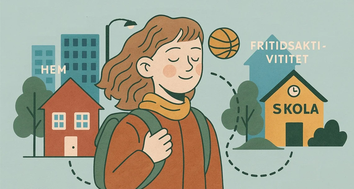 Illustration av ett barn med ryggsäck som går mellan hem, skola och fritidsaktivitet