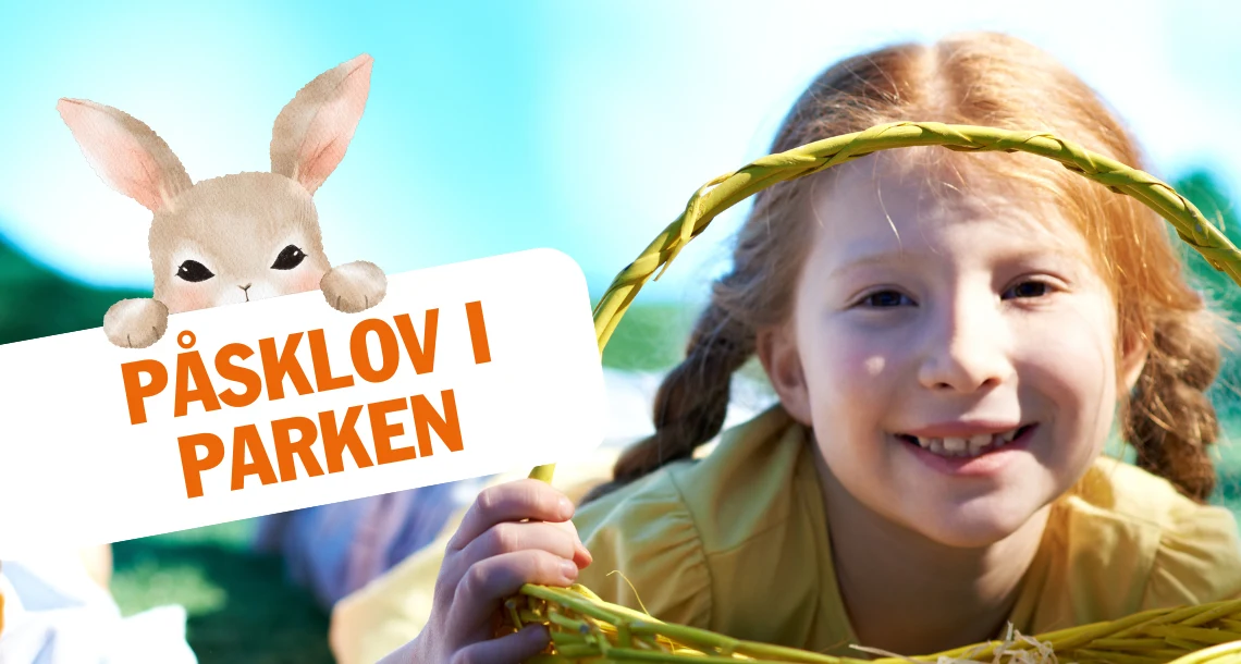 Flicka med en korg, text Påsklov i parken. 