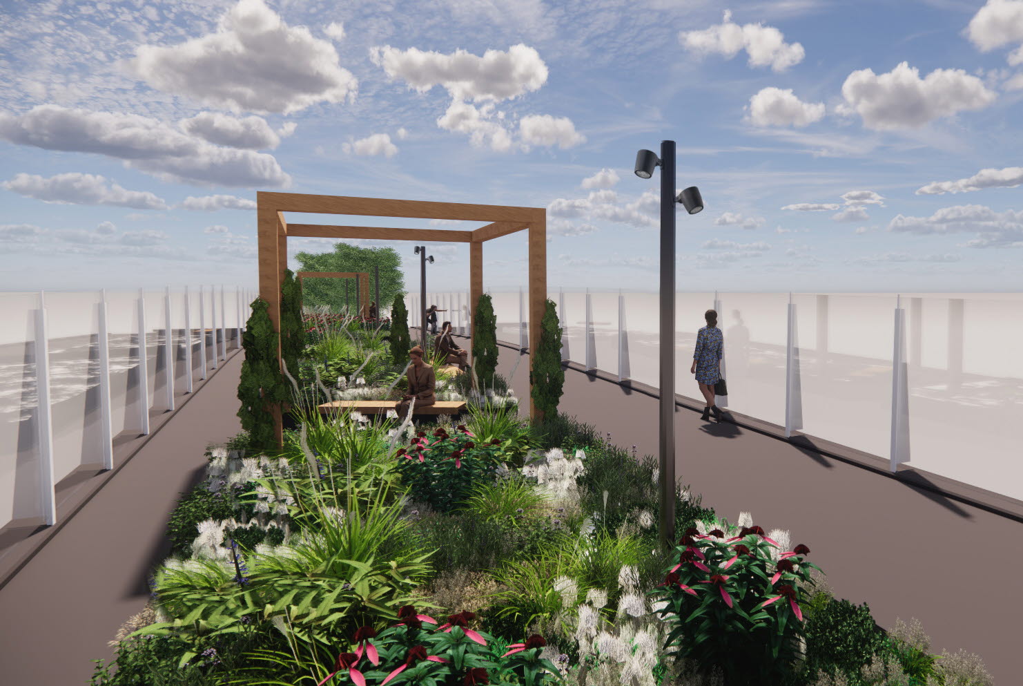 Skiss hur bron kommer se ut ovanpå, men ett parkstråk i mitten och gångytor på sidorna, omgivna av glasräcke. 