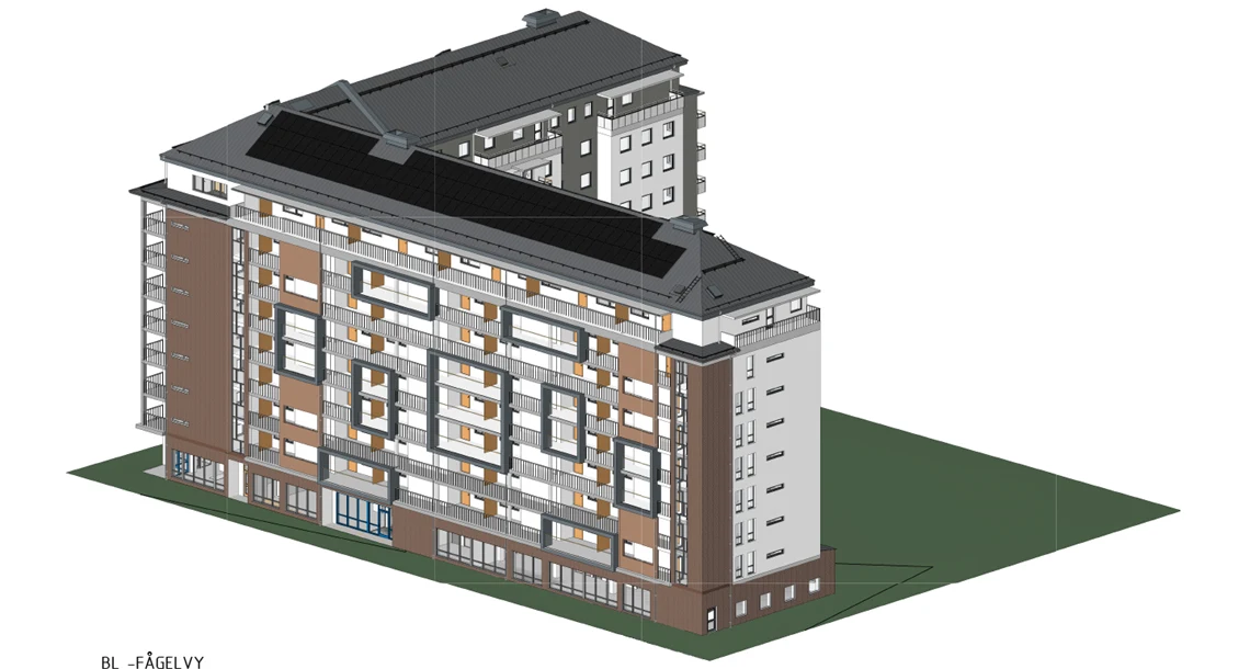 Illustrationsbild över ett niovåningshus med lägenheter