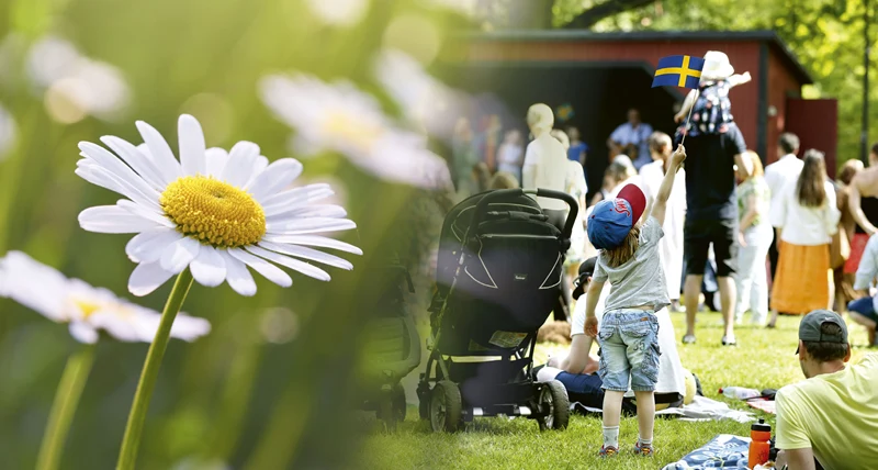 Blommor inklippta i bild med människor som firar nationaldagen