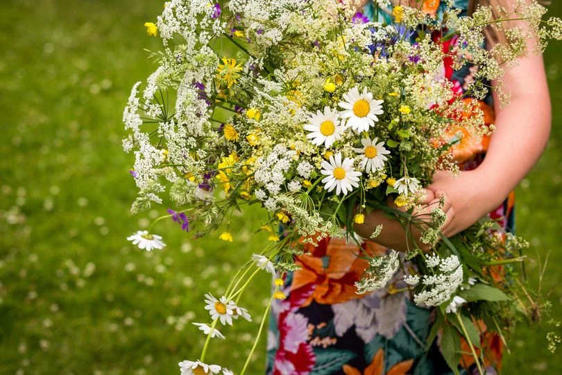 En person i sommarklänning bär en bukett vilda blommor