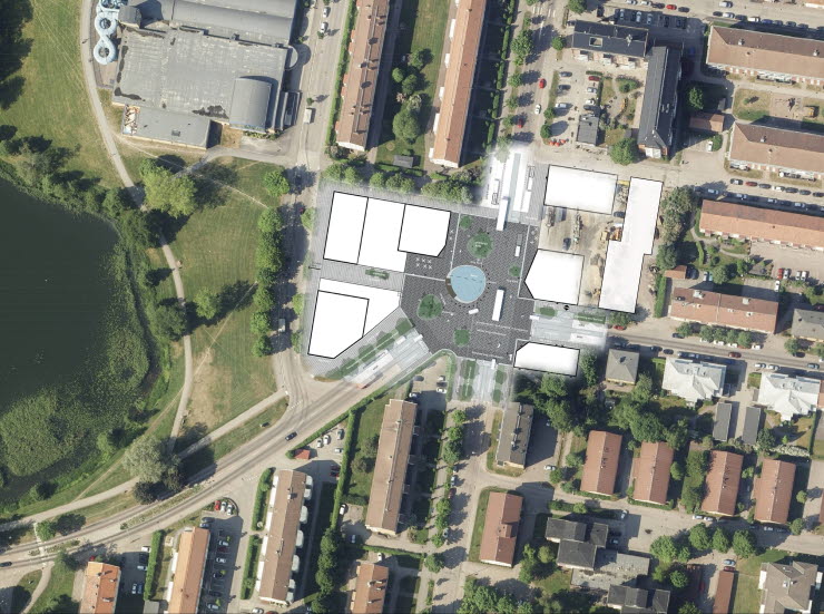 flygvy över Sundsta torg med vita rutor inritade där byggnaderna ska byggas.