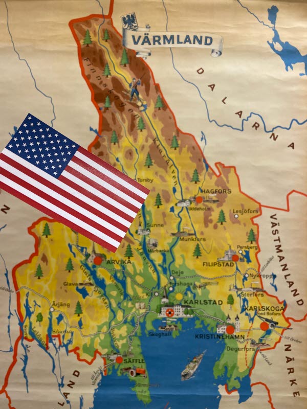 Äldre karta över Värmland. USA-flagga i förgrunden