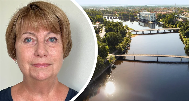 Delad bild med en kvinna till vänster i bilden och en flygbild över Karlstad till höger.