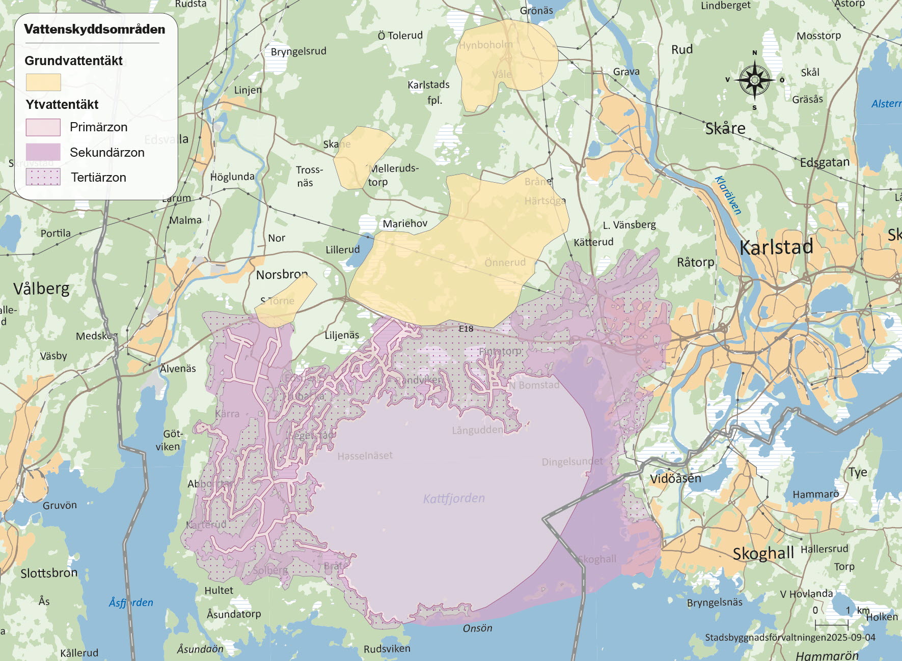 Karta över vattenskyddsområden i Karlstads kommun
