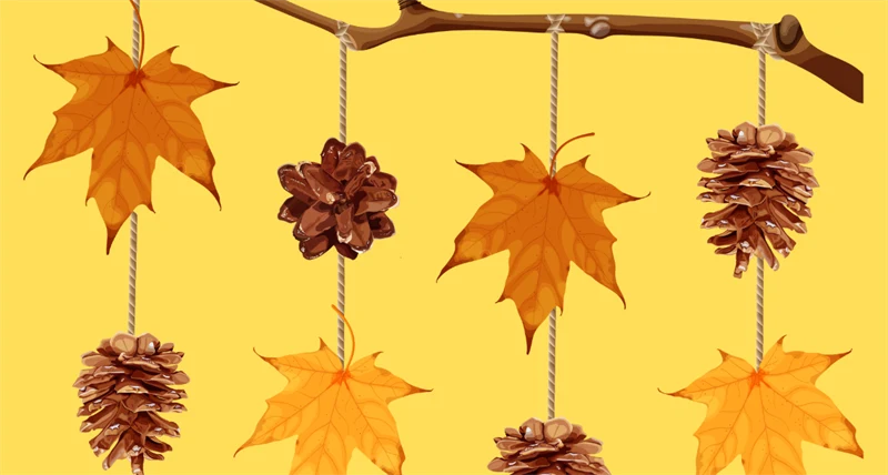 Tecknade löv och kottar som hänger på en tråd