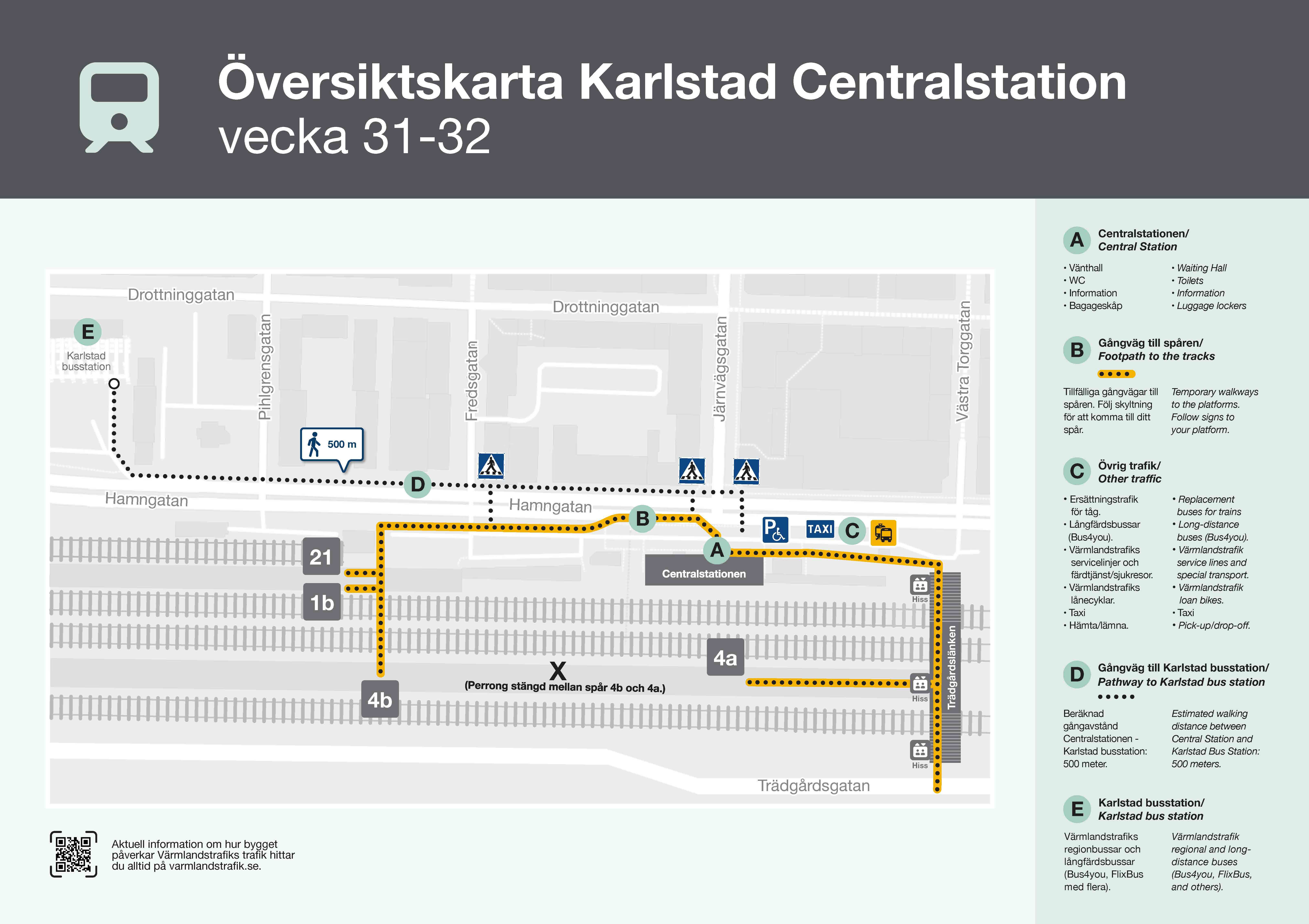 Karta över hur man tar sig till tågen på Karlstads centralstation under vecka 31-32
