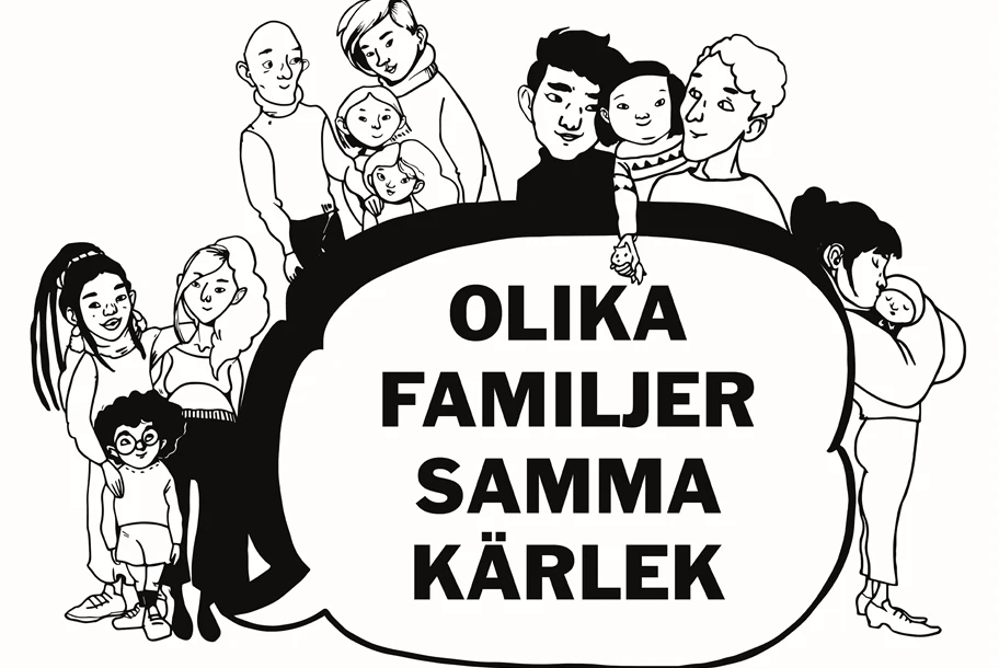 Målarboksbild med flera figurer och texten "Olika familjer, samma kärlek" i pratbubbla