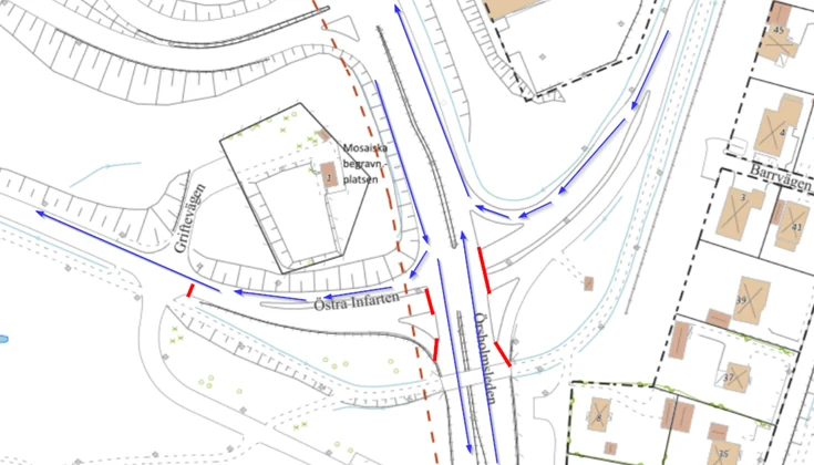 Karta över Trafikverkets arbete med brorenovering vid Östra Infarten