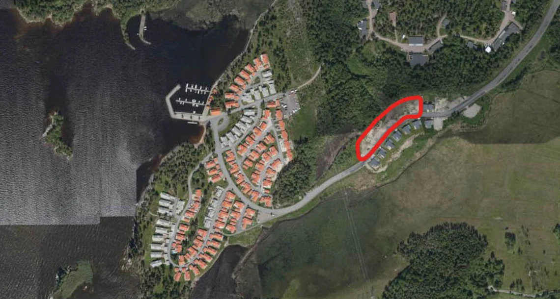 Flygbild över Kustremsan 1 som visar var det ska byggas bostäder