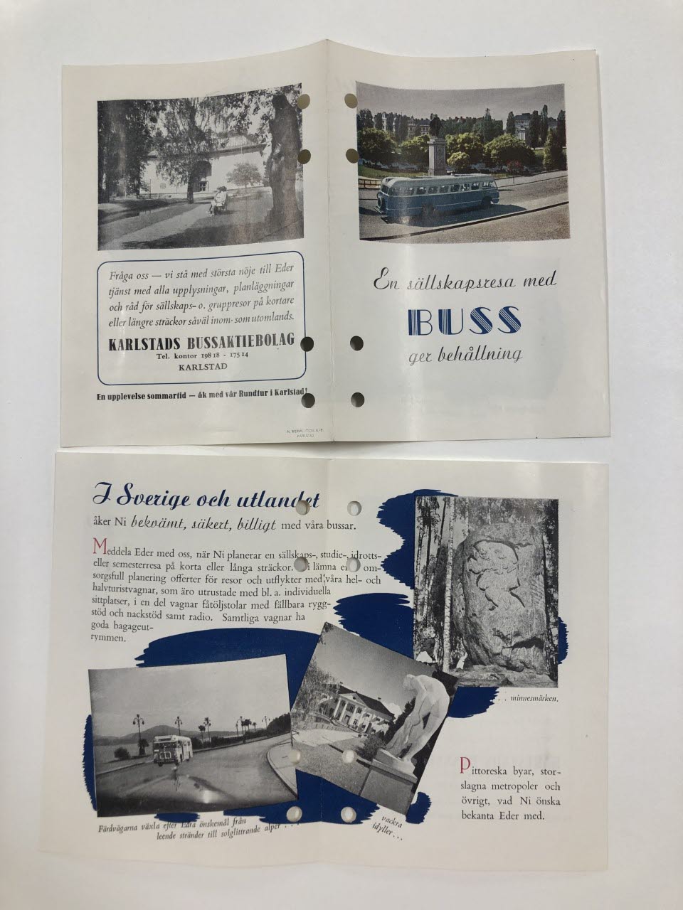 Broschyr över beställningsresor 1955, Karlstads bussaktiebolag. Gick att beställa sällskapsresor både inom och utanför Sverige