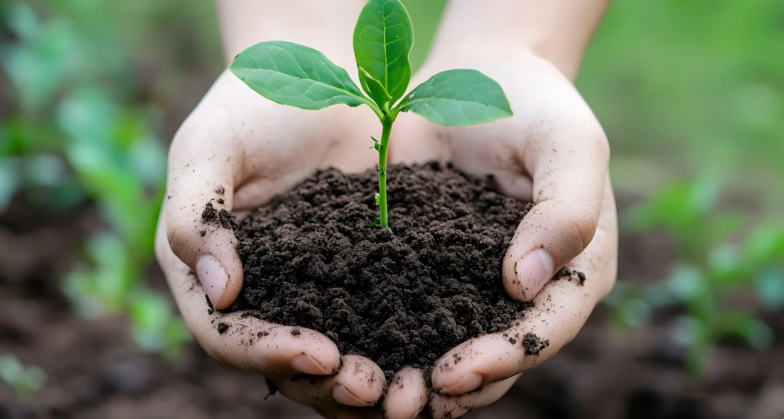 Planta i jord i kupade händer