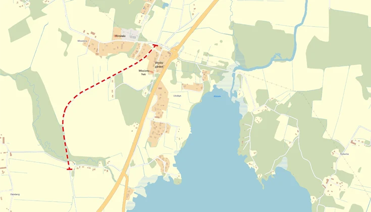 Karta som visar avstängd sträcka ca 1,3 kilometer söder om Ulvsby