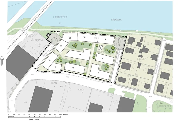 Illustrationsplan som visar möjlig utformning av bebyggelse enligt detaljplanen. 
