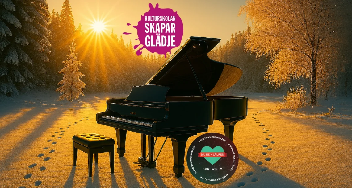 Illustration av piano i vintrigt landskap