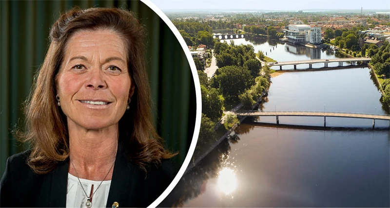 Delad bild med en kvinna till vänster i bilden och en flygbild över Karlstad till höger.