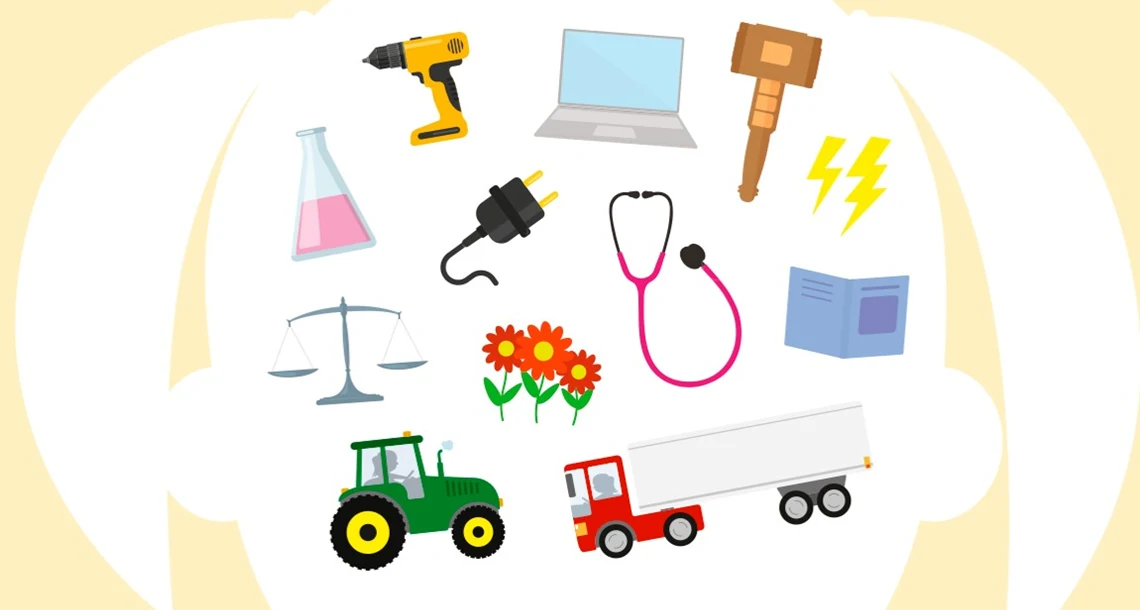 Illustration flicka med saker som symboliserar olika yrken i huvudet 