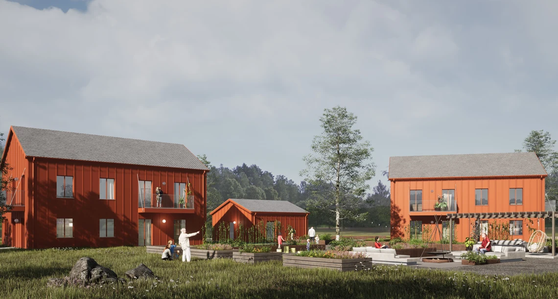 Illustrationsbild som visar den planerade byggnationen i Älvenäs med två huskroppar i trä och rödmålade. 