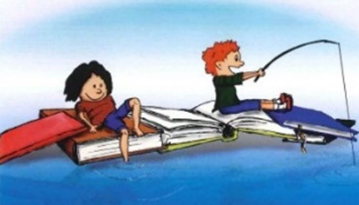 Illustrerad bild med två barn som fiskar från en ö av böcker i vatten