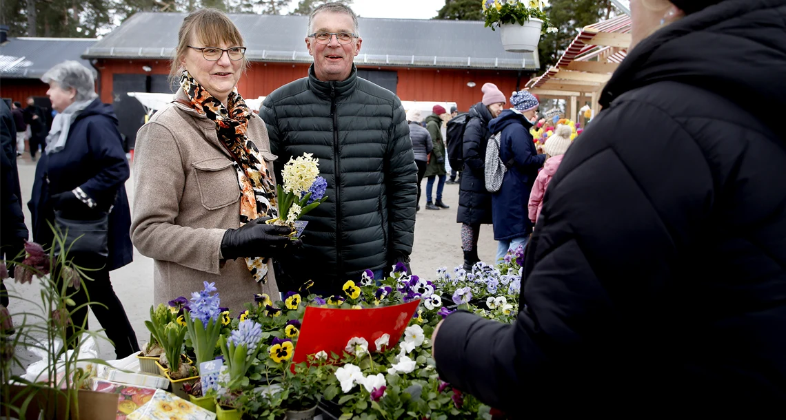 En kvinna och en man handlar vårblommor. 