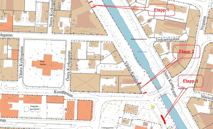 Karta över Västra Kanalgatan och vilka delar av gatan som stängs etappvis under två dagar 