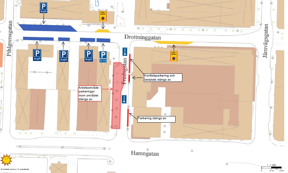 Karta över arbeten, trafik och parkeringar på Fredsgatan