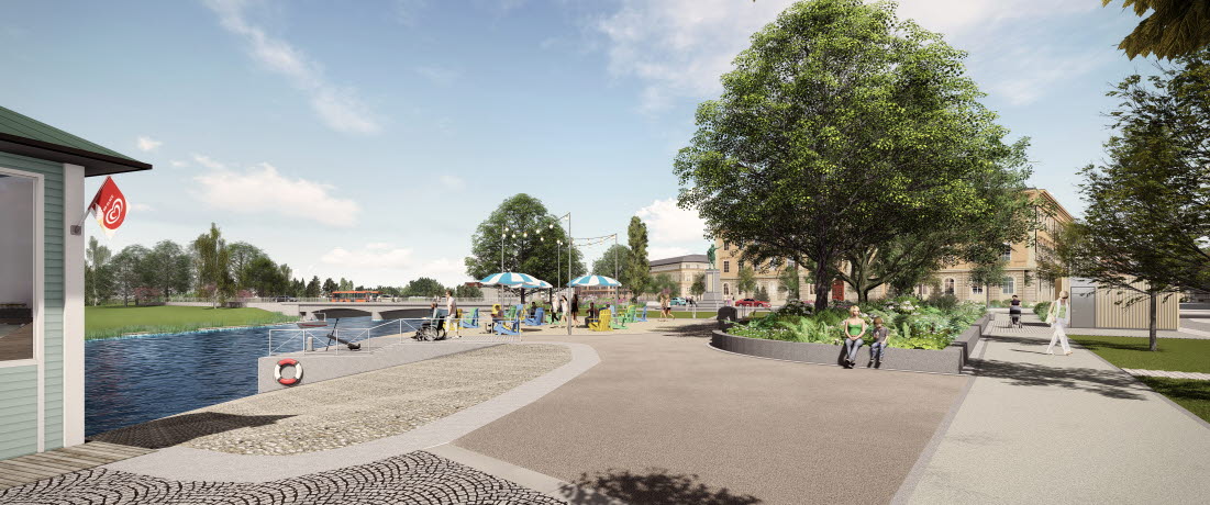 Illustrationsbild av hur Residensparken ska se ut med en sandstrand vid vattnet och planteringar och träd vid vattnet. I bakgrunden skymtar Residenshuset, Klarälven och Västra bron.