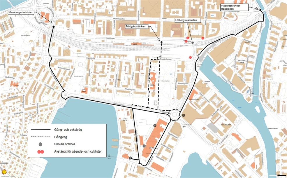 Karta med markerade vägar för gående och cyklister