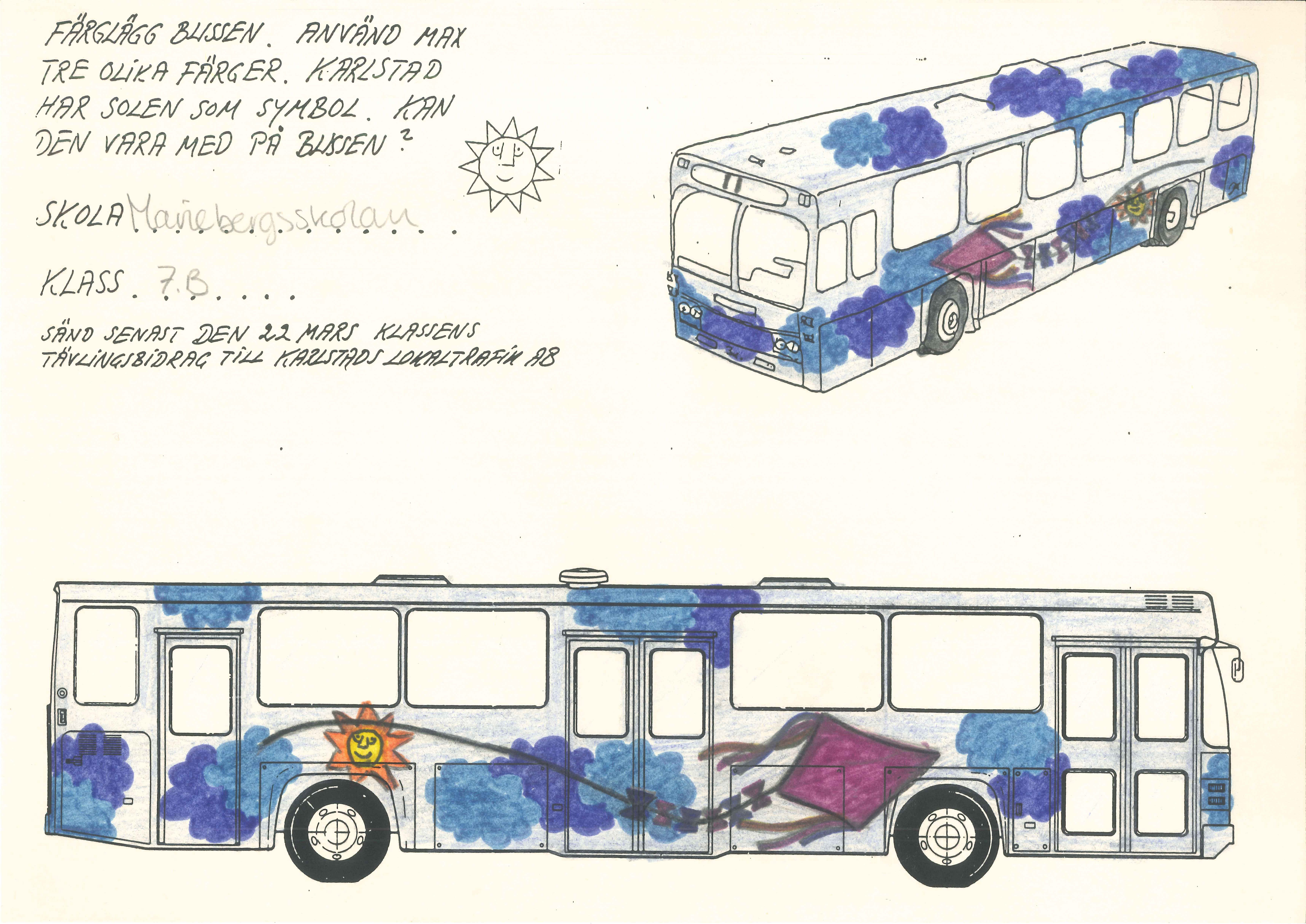 Ett av bidragen till bussdesigntävling 1989. En lila drake och blåa moln