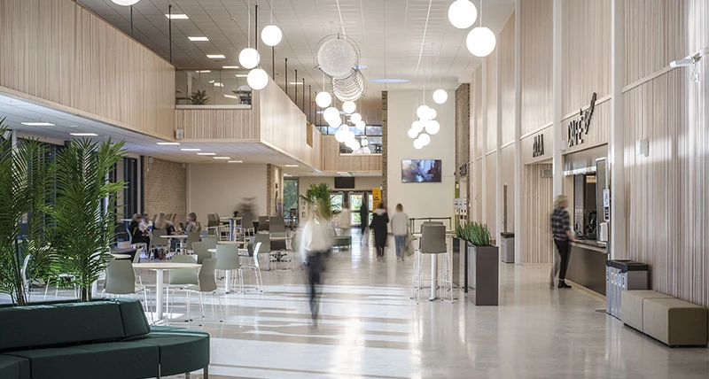 En stor öppen och ljus hall med soffor och växter