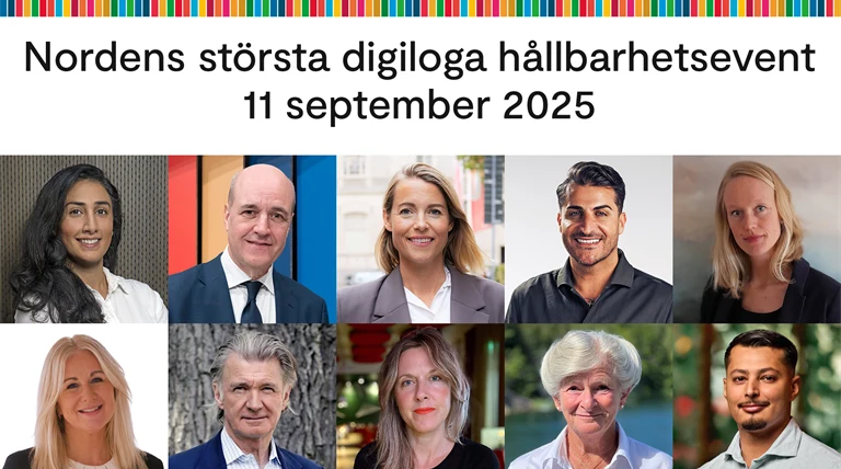 En bild på ett tiotal olika talar som ska medverka på konferensen A Sustainable Tomorrow 2025. Bland annat Fredrik Reindelt, Maria Soxebo, Anders Wijkman, Agnes Tell, My Schüldt och Charbel Gabro