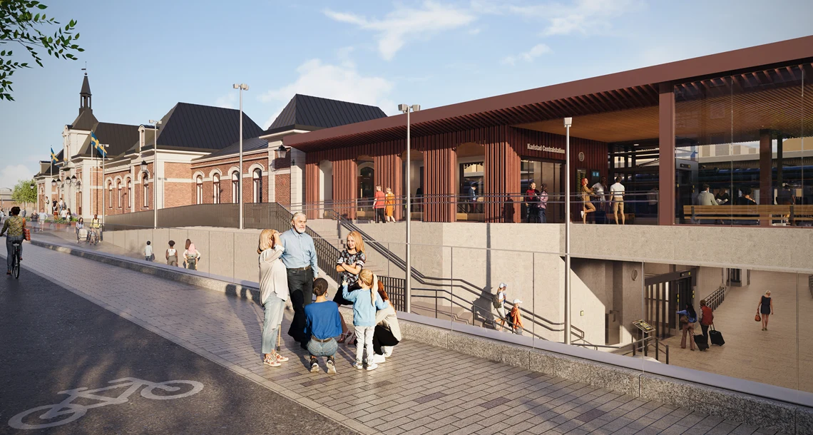 En skiss på eventuell tillbyggnad till stationshuset