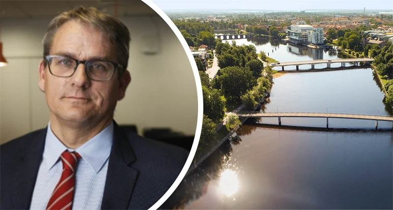 Delad bild med en man till vänster i bilden och en flygbild över Karlstad till höger.